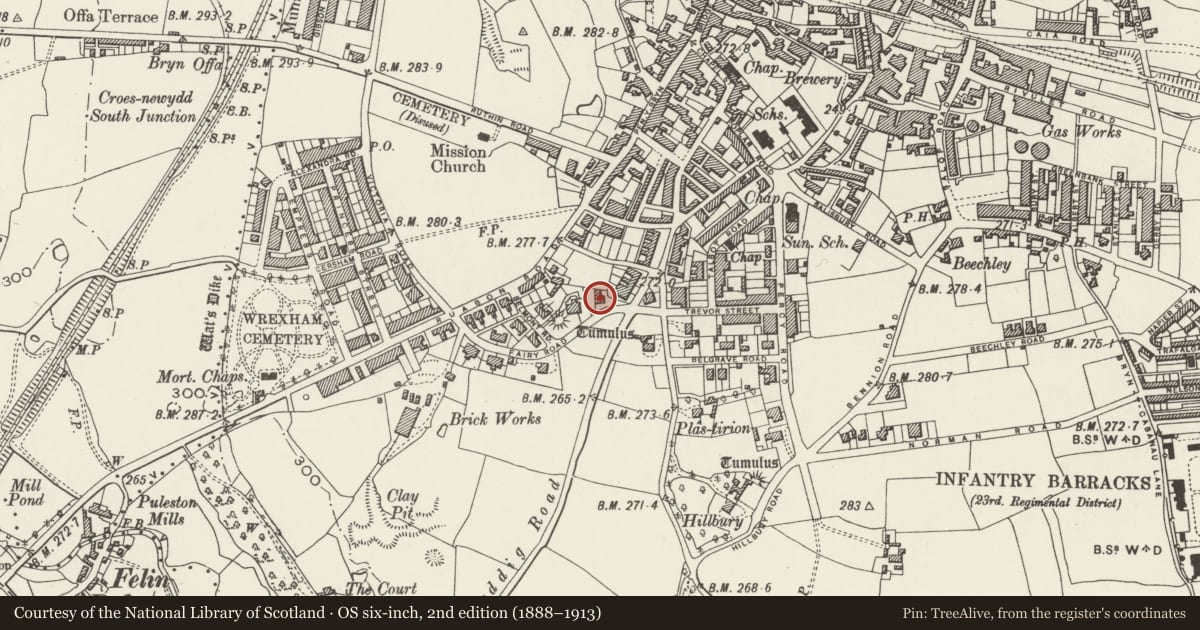 Ordnance Survey six-inch map, 2nd edition (1888–1913) covering the location of 9 Fairy Road, Offa, Wrexham, with a pin at the register's coordinates