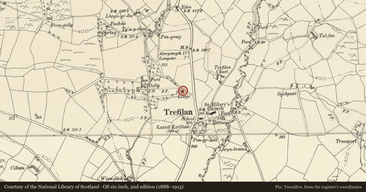 Ordnance Survey six-inch map, 2nd edition (1888–1913) covering the location of Gelli Lodge, Nantcwnlle, Ceredigion, with a pin at the register's coordinates