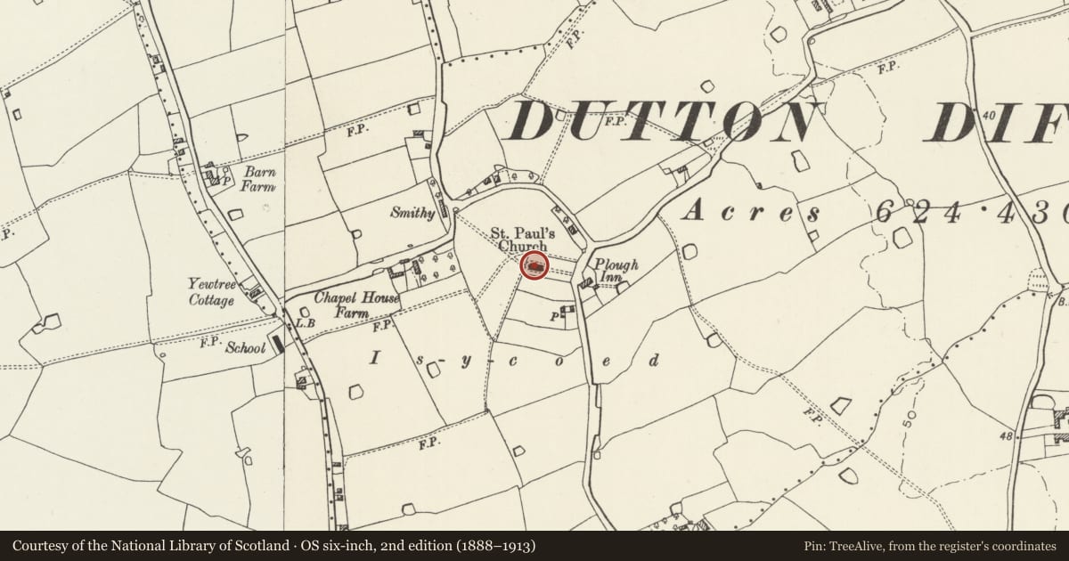 Ordnance Survey six-inch map, 2nd edition (1888–1913) covering the location of Church of St Paul, Isycoed, Wrexham, with a pin at the register's coordinates