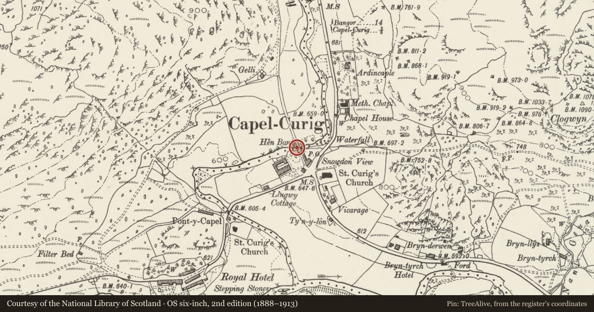 Ordnance Survey six-inch map, 2nd edition (1888–1913) covering the location of Hen Bont, Capel Curig, Conwy, with a pin at the register's coordinates