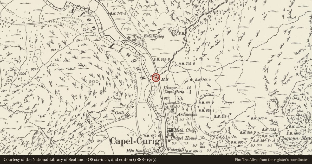 Ordnance Survey six-inch map, 2nd edition (1888–1913) covering the location of Telford Milestone (39), Capel Curig, Conwy, with a pin at the register's coordinates