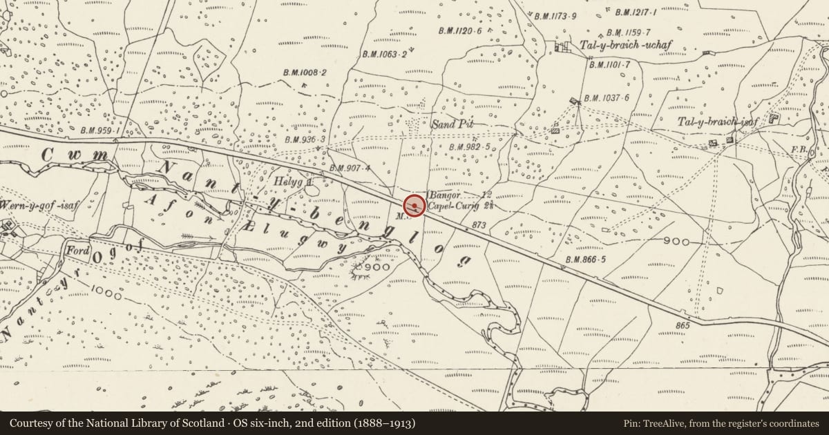 Ordnance Survey six-inch map, 2nd edition (1888–1913) covering the location of Telford Milestone (37), Capel Curig, Conwy, with a pin at the register's coordinates