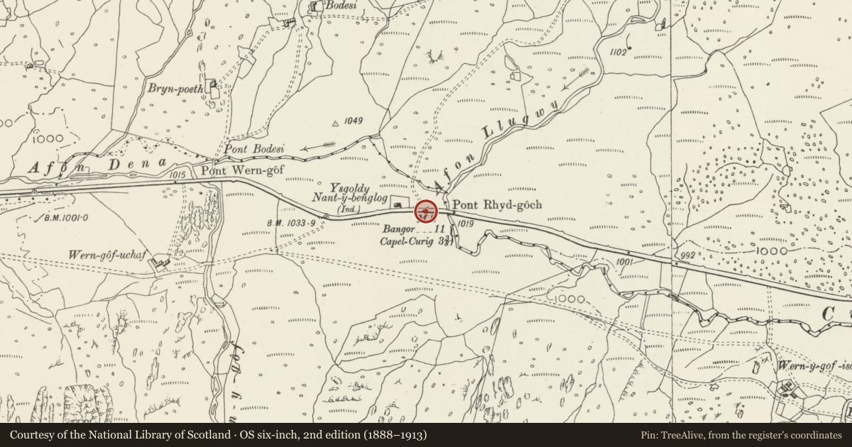 Ordnance Survey six-inch map, 2nd edition (1888–1913) covering the location of Telford Milestone (36), Capel Curig, Conwy, with a pin at the register's coordinates