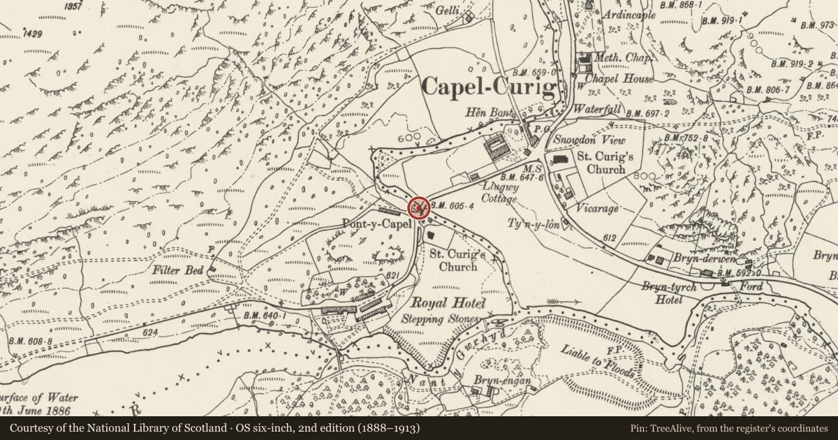 Ordnance Survey six-inch map, 2nd edition (1888–1913) covering the location of Pont-y-Capel, Capel Curig, Conwy, with a pin at the register's coordinates