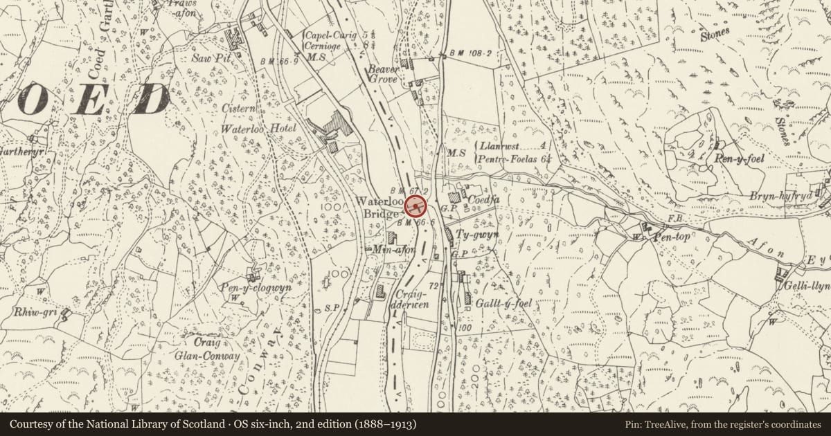 Ordnance Survey six-inch map, 2nd edition (1888–1913) covering the location of Waterloo Bridge, Betws-y-Coed, Conwy, with a pin at the register's coordinates