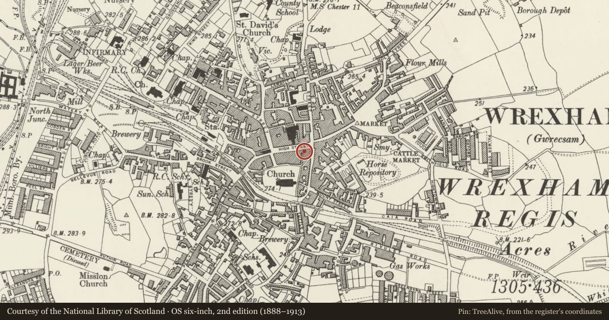 Ordnance Survey six-inch map, 2nd edition (1888–1913) covering the location of 26 High Street, Offa, Wrexham, with a pin at the register's coordinates