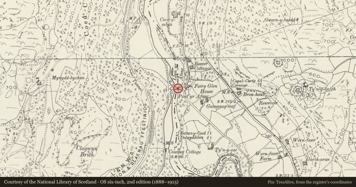 Ordnance Survey six-inch map, 2nd edition (1888–1913) covering the location of Pont yr Afanc, Bro Garmon, Conwy, with a pin at the register's coordinates