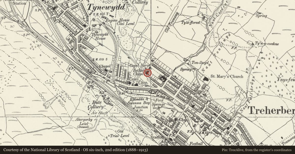 Ordnance Survey six-inch map, 2nd edition (1888–1913) covering the location of Bethany Chapel, including area gate piers and railings, Treherbert, Rhondda Cynon Taff, with a pin at the register's coordinates