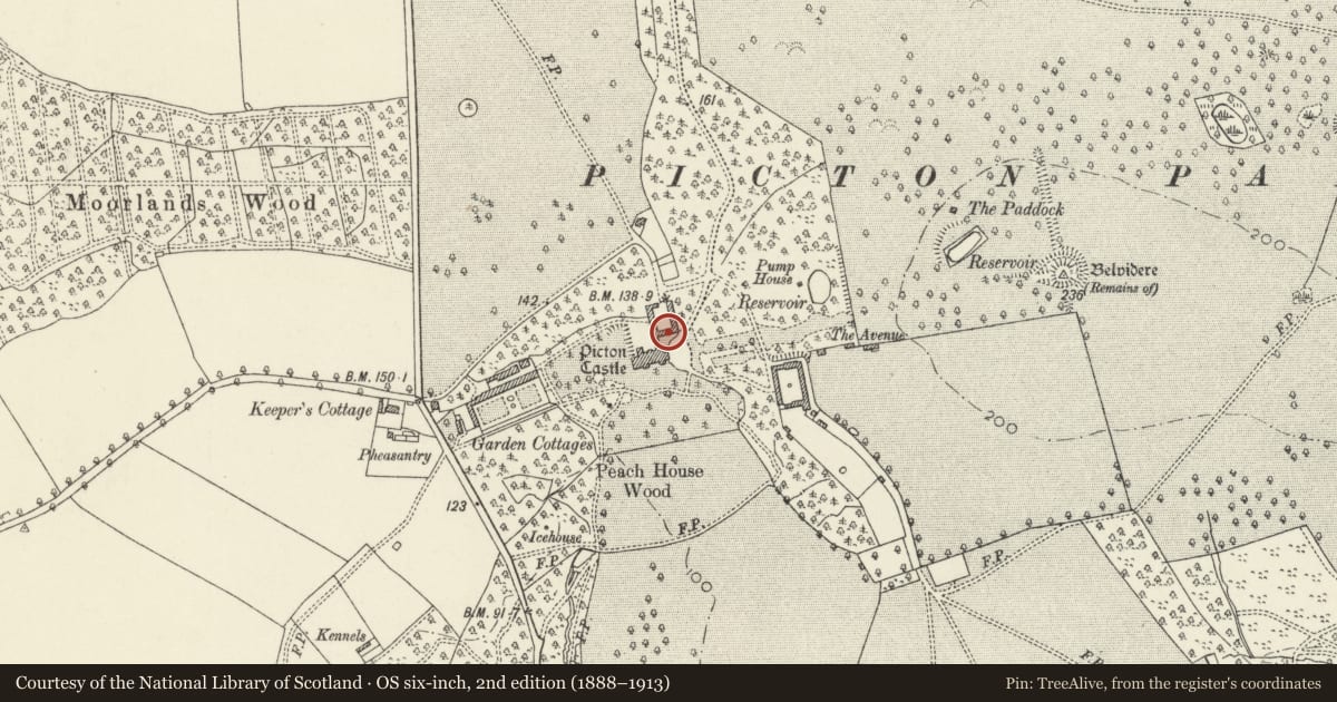 Ordnance Survey six-inch map, 2nd edition (1888–1913) covering the location of North Wing and Entrance Yard of Picton Castle, Slebech, Pembrokeshire, with a pin at the register's coordinates