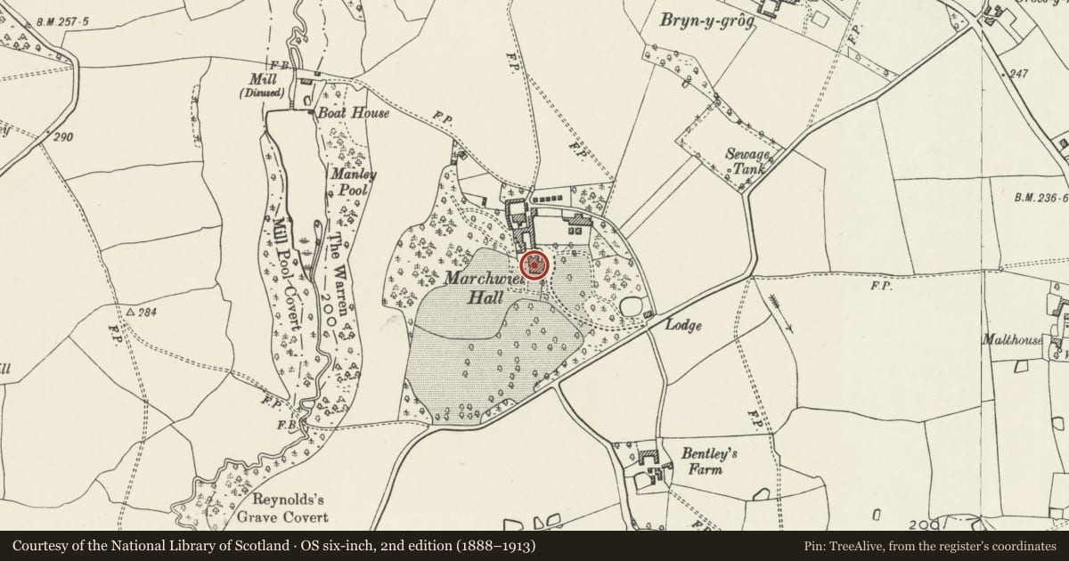 Ordnance Survey six-inch map, 2nd edition (1888–1913) covering the location of Marchwiel Hall, Wrexham, with a pin at the register's coordinates