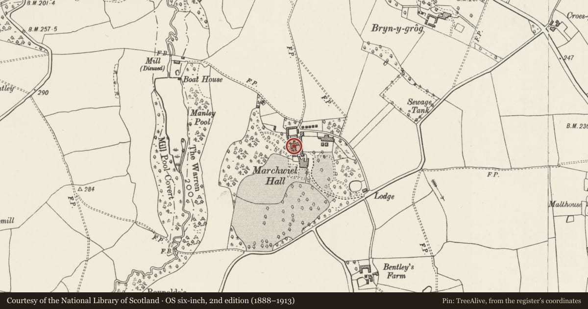Ordnance Survey six-inch map, 2nd edition (1888–1913) covering the location of Stables at Marchwiel Hall, Wrexham, with a pin at the register's coordinates