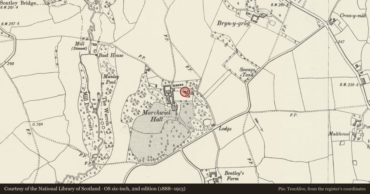 Ordnance Survey six-inch map, 2nd edition (1888–1913) covering the location of Walled Garden and Bothy at Marchwiel Hall, Wrexham, with a pin at the register's coordinates
