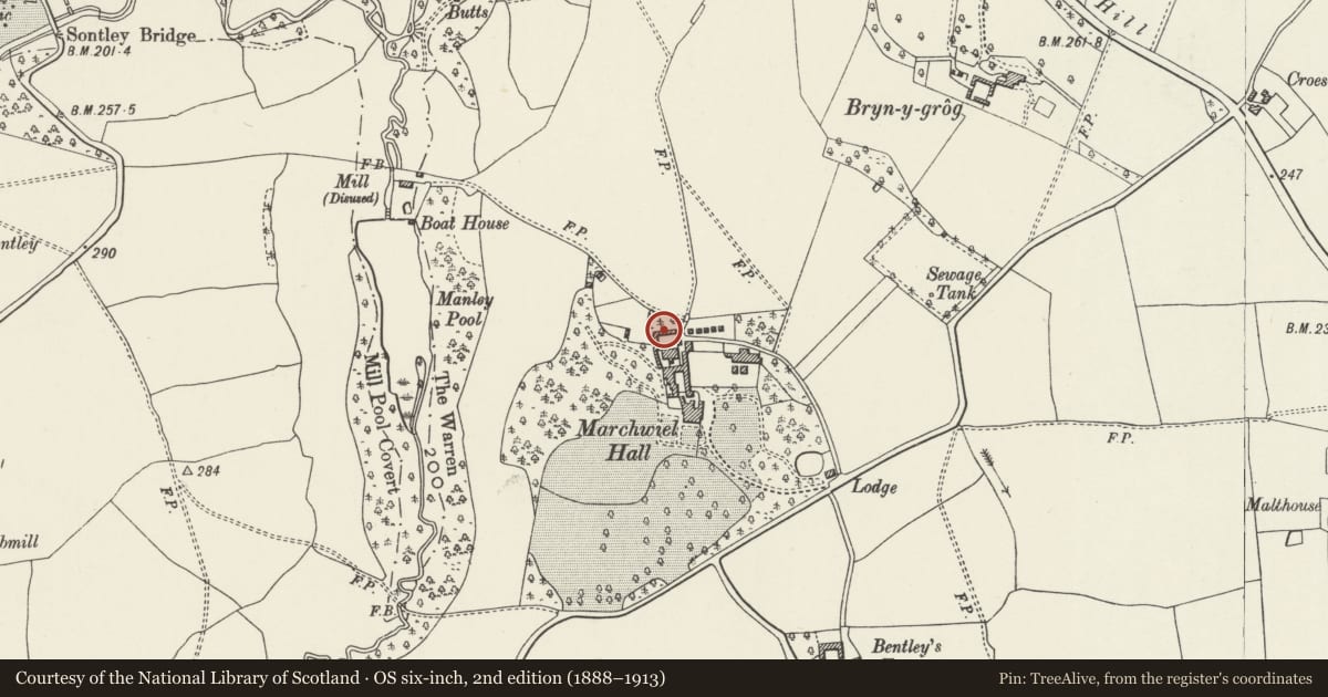 Ordnance Survey six-inch map, 2nd edition (1888–1913) covering the location of Pigsties at Marchwiel Hall, Wrexham, with a pin at the register's coordinates