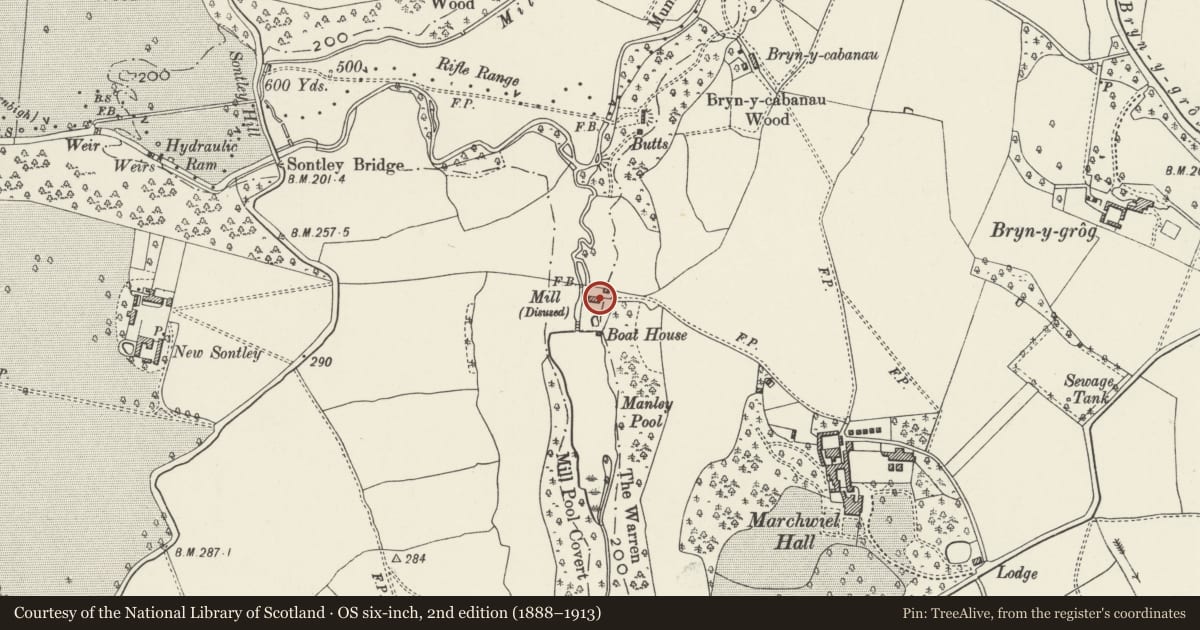 Ordnance Survey six-inch map, 2nd edition (1888–1913) covering the location of Mill House, Marchwiel, Wrexham, with a pin at the register's coordinates