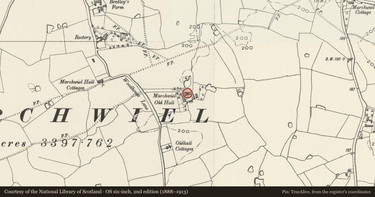 Ordnance Survey six-inch map, 2nd edition (1888–1913) covering the location of Marchwiel Old Hall, Wrexham, with a pin at the register's coordinates