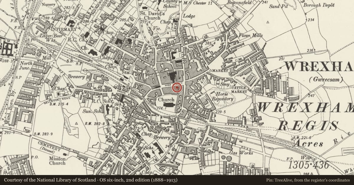 Ordnance Survey six-inch map, 2nd edition (1888–1913) covering the location of 29 High Street, Offa, Wrexham, with a pin at the register's coordinates