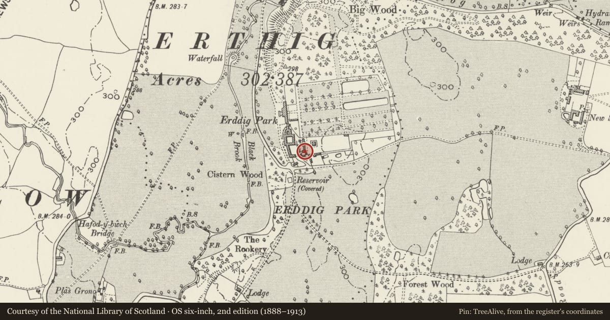 Ordnance Survey six-inch map, 2nd edition (1888–1913) covering the location of Dog Yard Range, Marchwiel, Wrexham, with a pin at the register's coordinates