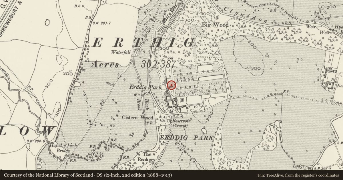 Ordnance Survey six-inch map, 2nd edition (1888–1913) covering the location of S Garden Pavilion including attached walls, alcove gatepiers and gates immediately to E of house, Marchwiel, Wrexham, with a pin at the register's coordinates