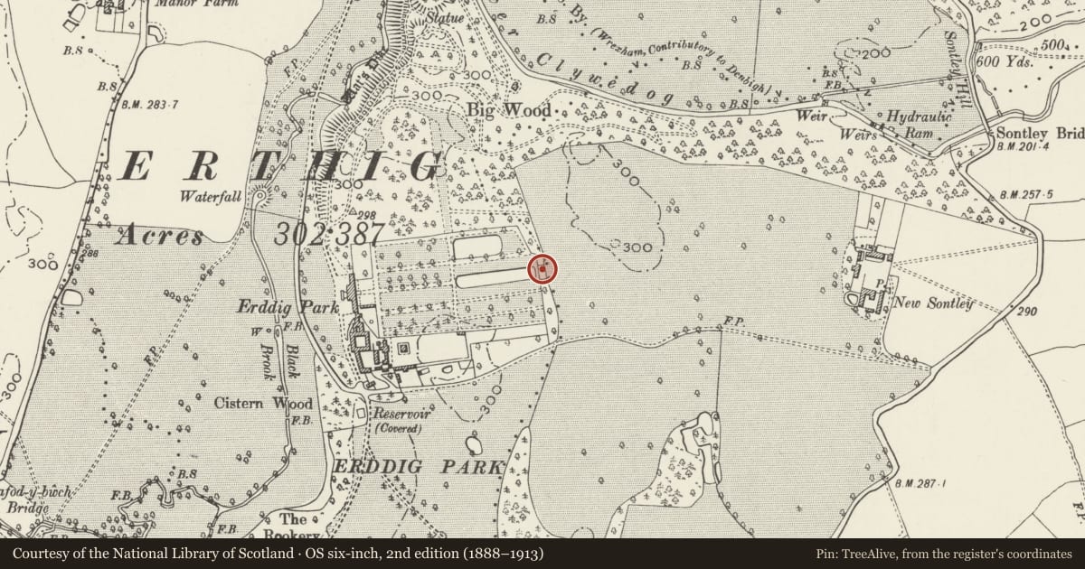 Ordnance Survey six-inch map, 2nd edition (1888–1913) covering the location of Screen and gates closing the formal garden at Erddig, Marchwiel, Wrexham, with a pin at the register's coordinates