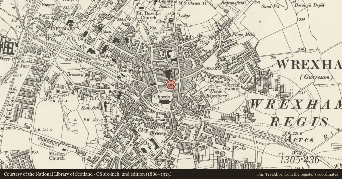 Ordnance Survey six-inch map, 2nd edition (1888–1913) covering the location of 30 High Street, Offa, Wrexham, with a pin at the register's coordinates