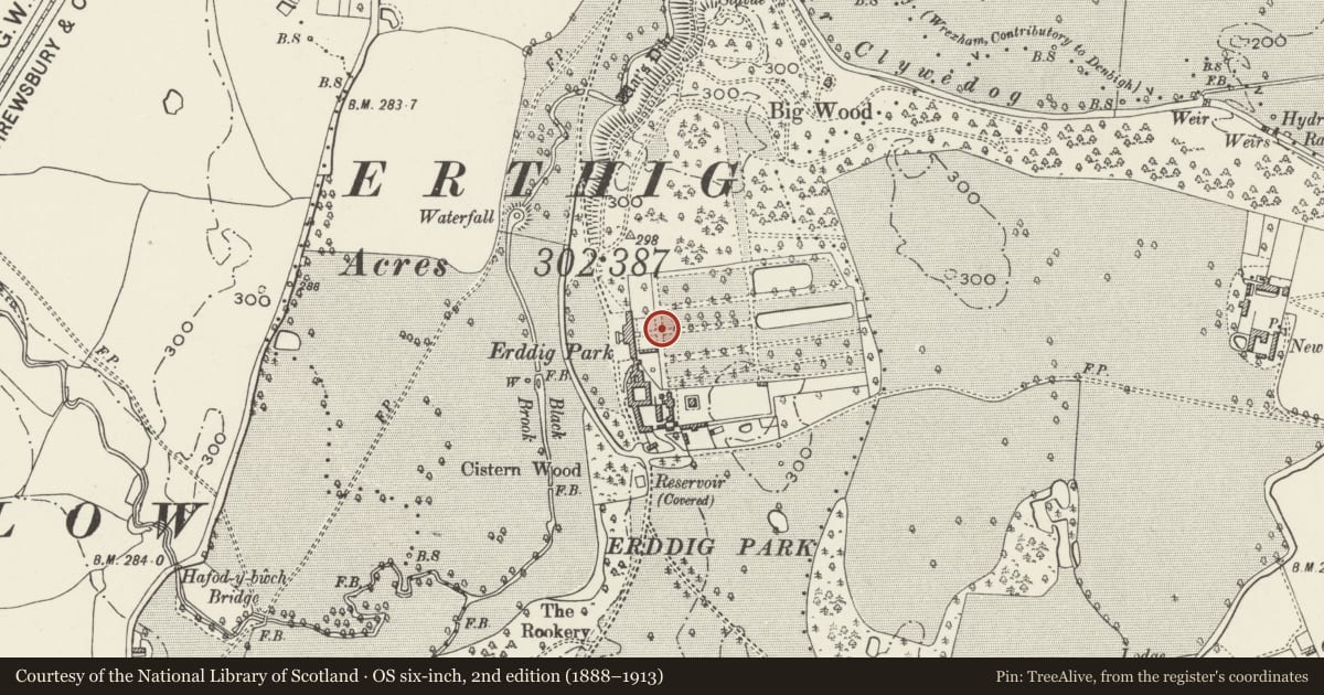 Ordnance Survey six-inch map, 2nd edition (1888–1913) covering the location of Sundial on main axis of the formal garden, Marchwiel, Wrexham, with a pin at the register's coordinates