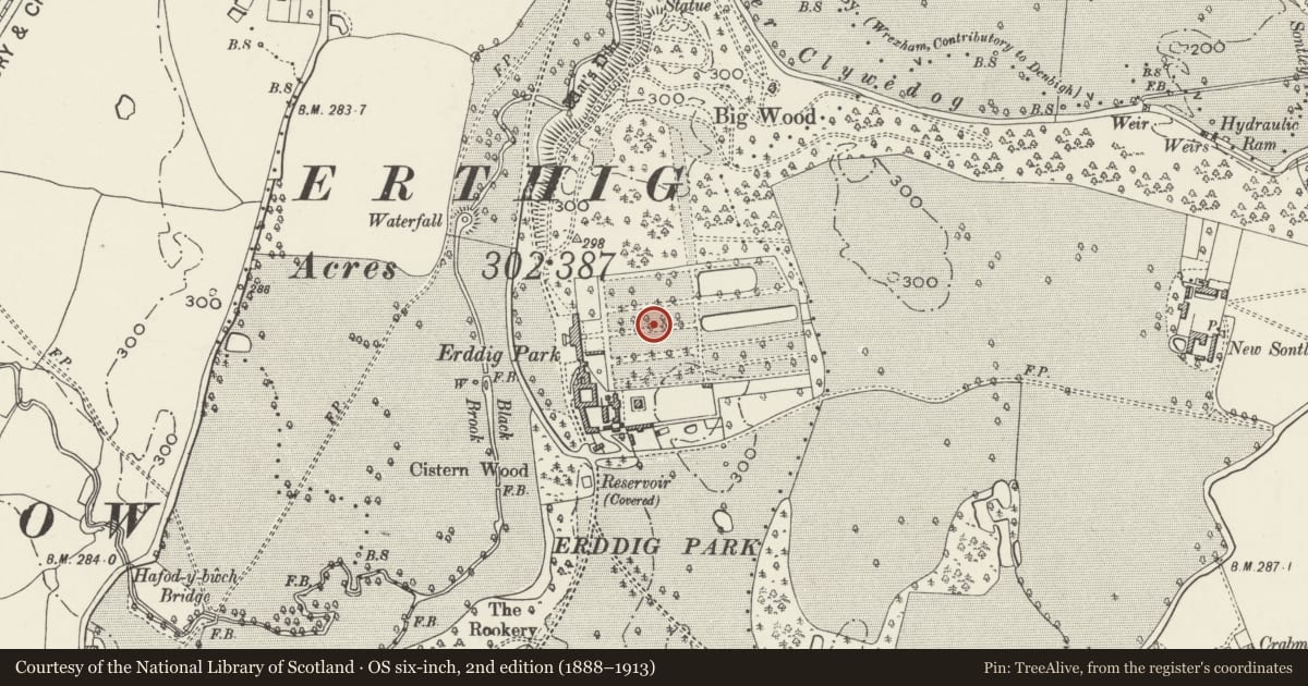 Ordnance Survey six-inch map, 2nd edition (1888–1913) covering the location of Pair of pinnacles in the formal garden at Erddig, Marchwiel, Wrexham, with a pin at the register's coordinates