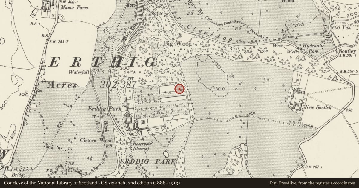 Ordnance Survey six-inch map, 2nd edition (1888–1913) covering the location of Sundial near the N end of the formal garden, Marchwiel, Wrexham, with a pin at the register's coordinates