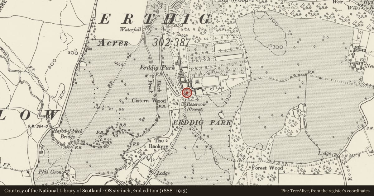 Ordnance Survey six-inch map, 2nd edition (1888–1913) covering the location of Coachman's House, Marchwiel, Wrexham, with a pin at the register's coordinates