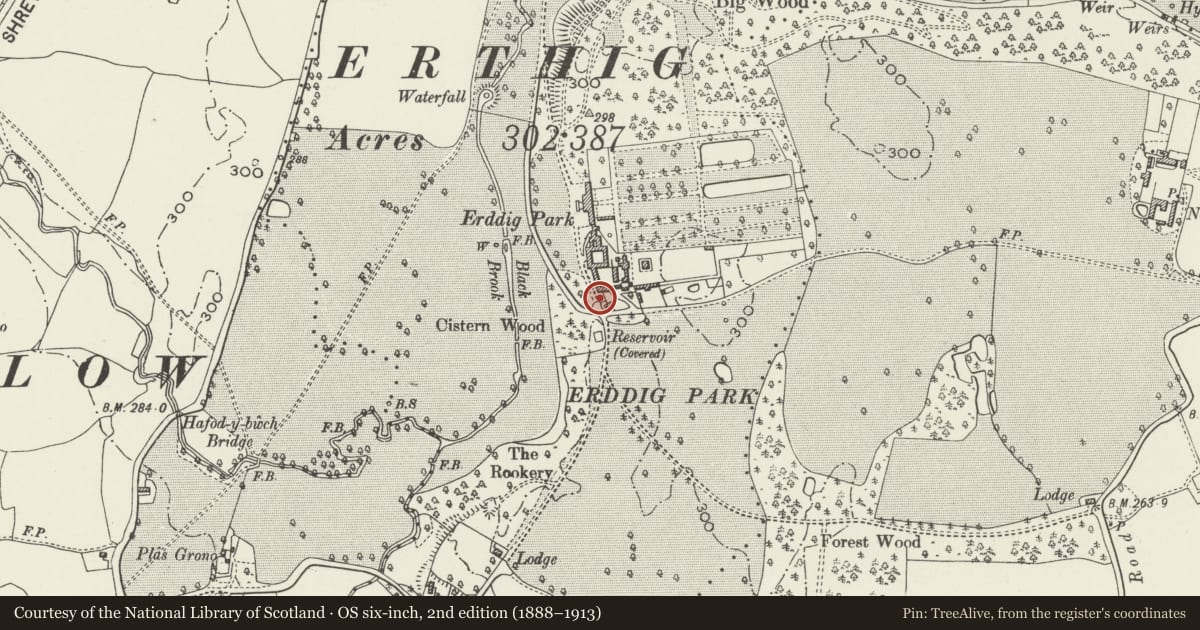 Ordnance Survey six-inch map, 2nd edition (1888–1913) covering the location of Gatepiers and gates to the forecourt at Erddig, Marchwiel, Wrexham, with a pin at the register's coordinates