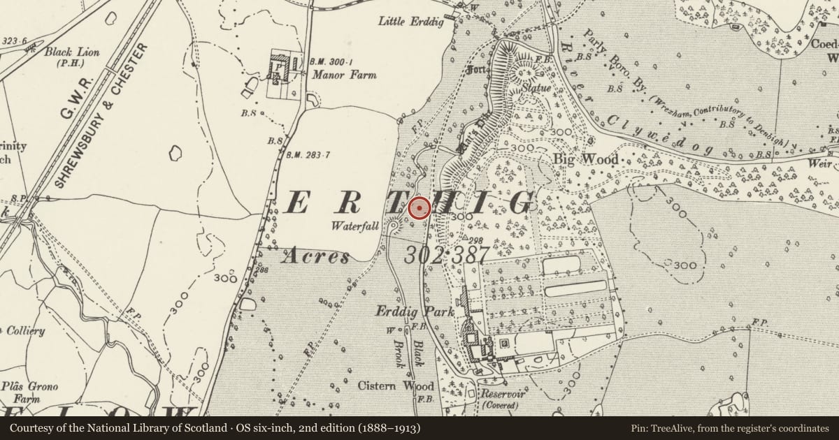 Ordnance Survey six-inch map, 2nd edition (1888–1913) covering the location of Hydraulic Ram, Marchwiel, Wrexham, with a pin at the register's coordinates