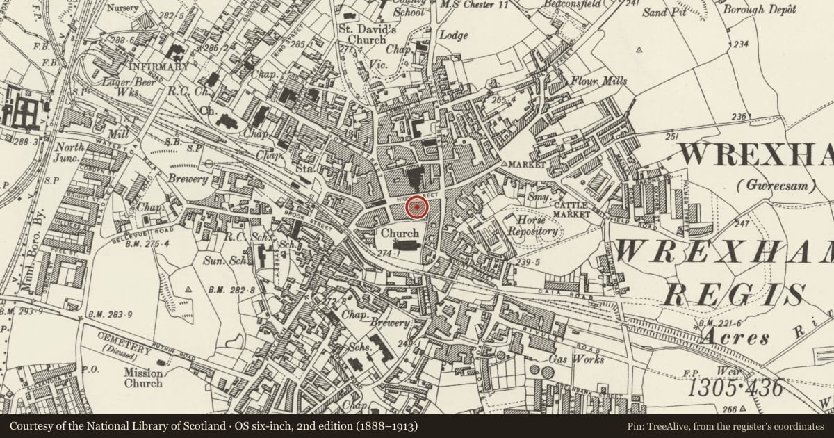 Ordnance Survey six-inch map, 2nd edition (1888–1913) covering the location of 31 High Street, Offa, Wrexham, with a pin at the register's coordinates
