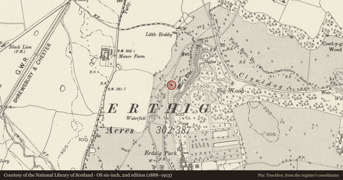 Ordnance Survey six-inch map, 2nd edition (1888–1913) covering the location of Bridge over the Black Brook, Marchwiel, Wrexham, with a pin at the register's coordinates