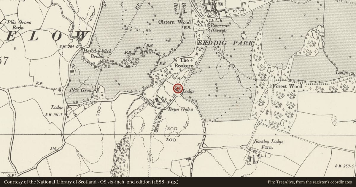 Ordnance Survey six-inch map, 2nd edition (1888–1913) covering the location of The Lodge, Marchwiel, Wrexham, with a pin at the register's coordinates