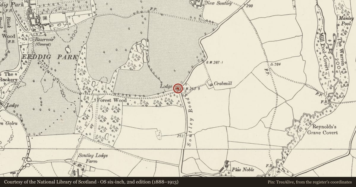 Ordnance Survey six-inch map, 2nd edition (1888–1913) covering the location of Gatepiers, Railings and Gates at Forest Lodge entrance, Marchwiel, Wrexham, with a pin at the register's coordinates