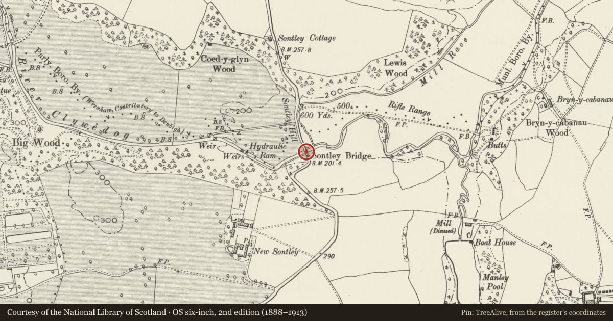 Ordnance Survey six-inch map, 2nd edition (1888–1913) covering the location of Sontley Bridge, Marchwiel, Wrexham, with a pin at the register's coordinates
