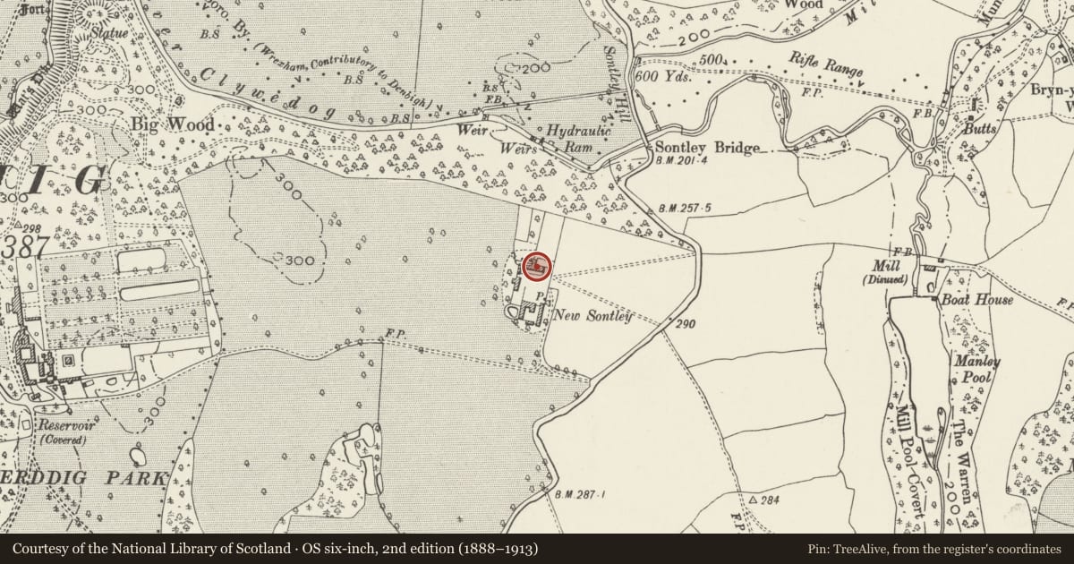 Ordnance Survey six-inch map, 2nd edition (1888–1913) covering the location of New Sontley Farmhouse, Marchwiel, Wrexham, with a pin at the register's coordinates