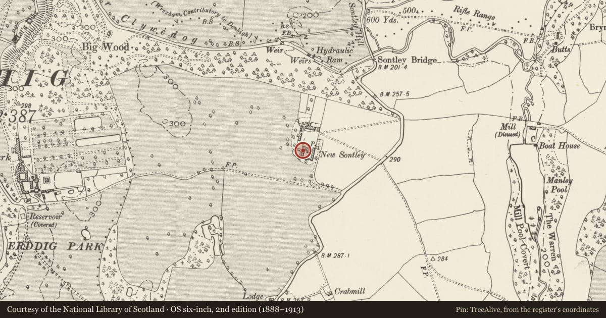 Ordnance Survey six-inch map, 2nd edition (1888–1913) covering the location of Former Stables at New Sontley Farm, Marchwiel, Wrexham, with a pin at the register's coordinates