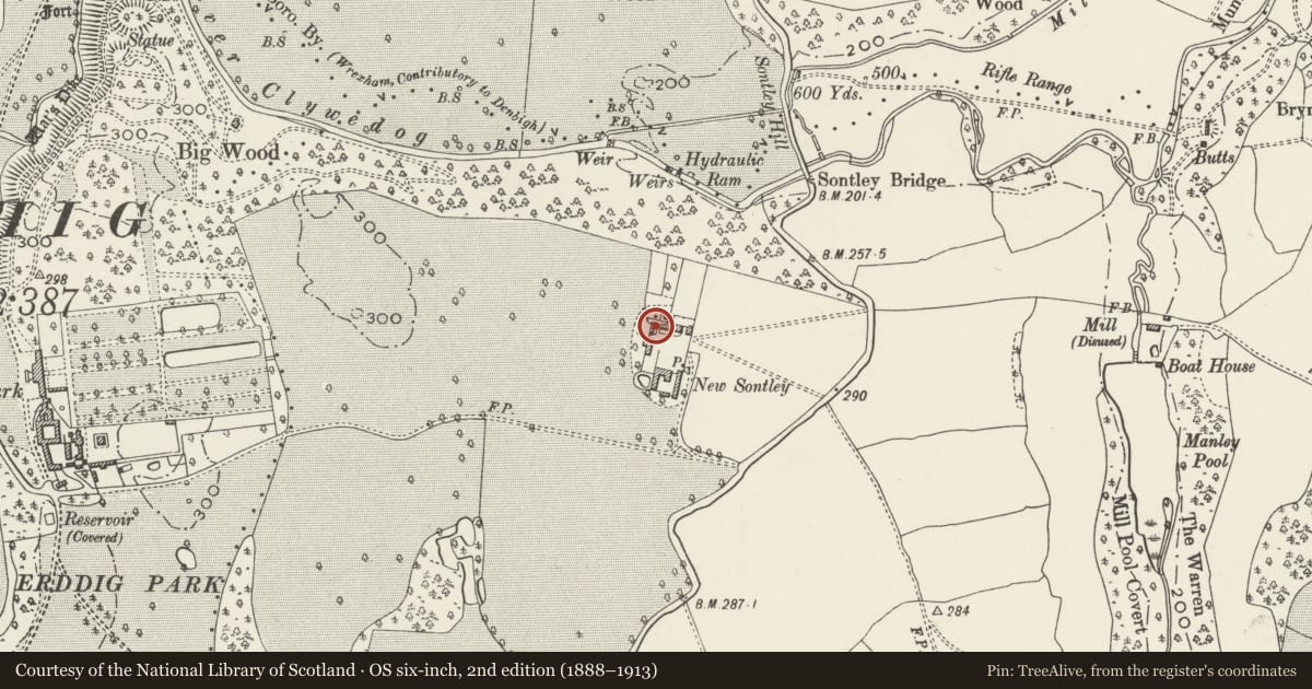 Ordnance Survey six-inch map, 2nd edition (1888–1913) covering the location of Combined Pigsties and Hen House at New Sontley Farm, Marchwiel, Wrexham, with a pin at the register's coordinates