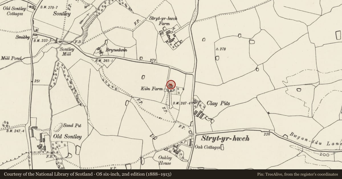 Ordnance Survey six-inch map, 2nd edition (1888–1913) covering the location of Kiln Farmhouse including former Malthouse to rear, Marchwiel, Wrexham, with a pin at the register's coordinates