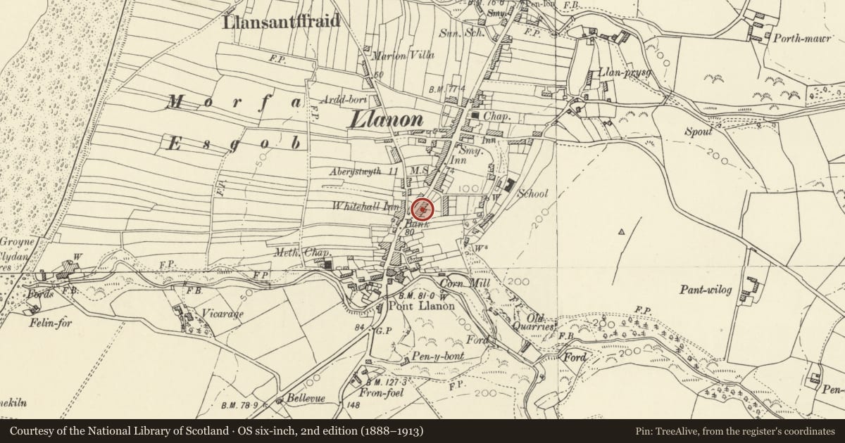Ordnance Survey six-inch map, 2nd edition (1888–1913) covering the location of Brynllys, Llansantffraed, Ceredigion, with a pin at the register's coordinates