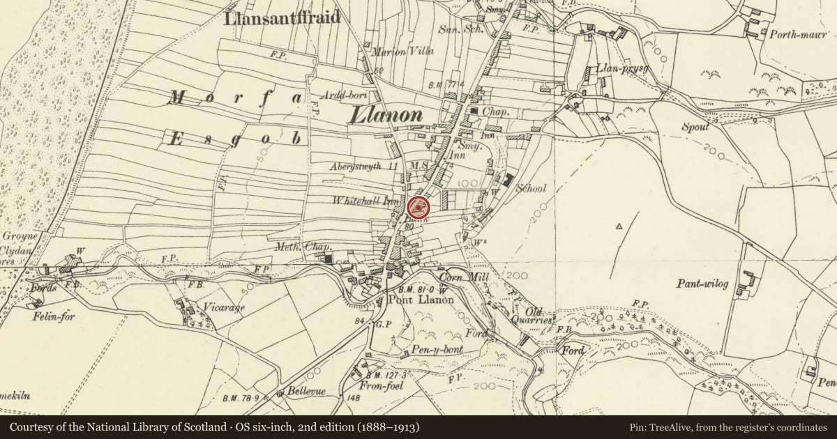 Ordnance Survey six-inch map, 2nd edition (1888–1913) covering the location of Penlanfair, Llansantffraed, Ceredigion, with a pin at the register's coordinates