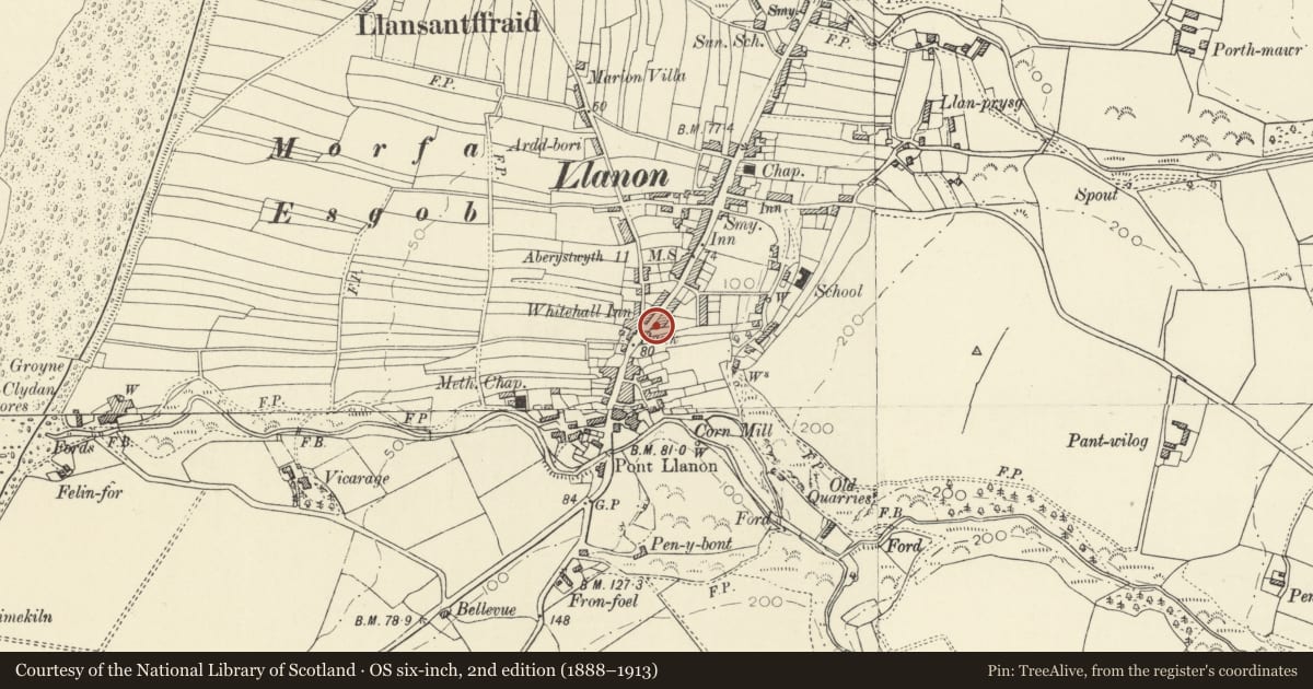 Ordnance Survey six-inch map, 2nd edition (1888–1913) covering the location of The Bakery, Llansantffraed, Ceredigion, with a pin at the register's coordinates