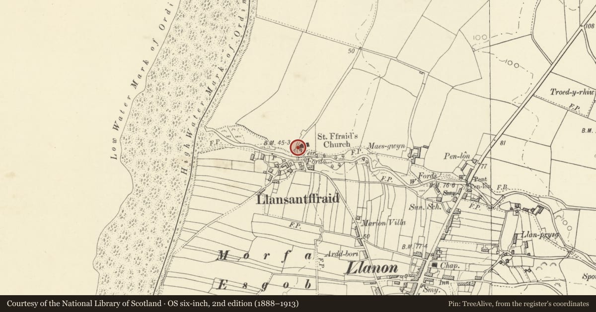 Ordnance Survey six-inch map, 2nd edition (1888–1913) covering the location of Morgan Enclosure at Church of St. Ffraed, Llansantffraed, Ceredigion, with a pin at the register's coordinates