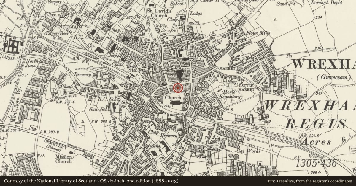 Ordnance Survey six-inch map, 2nd edition (1888–1913) covering the location of Embassey Public House, Offa, Wrexham, with a pin at the register's coordinates