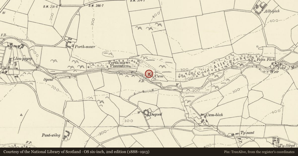 Ordnance Survey six-inch map, 2nd edition (1888–1913) covering the location of Cwm Peris, Llansantffraed, Ceredigion, with a pin at the register's coordinates