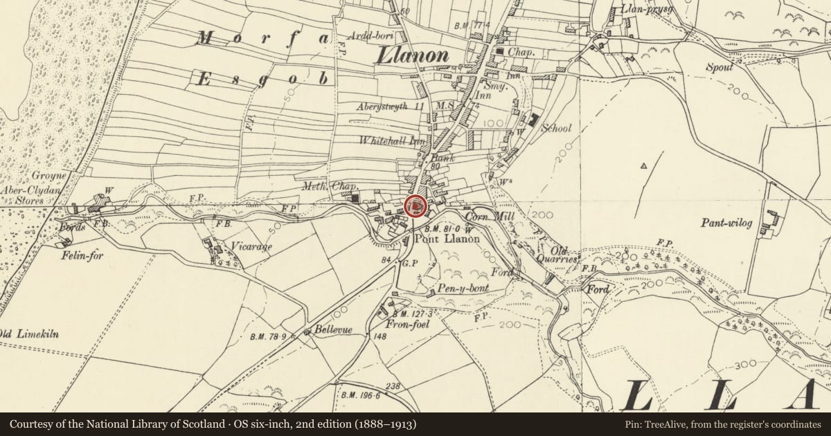 Ordnance Survey six-inch map, 2nd edition (1888–1913) covering the location of The Green, Llansantffraed, Ceredigion, with a pin at the register's coordinates