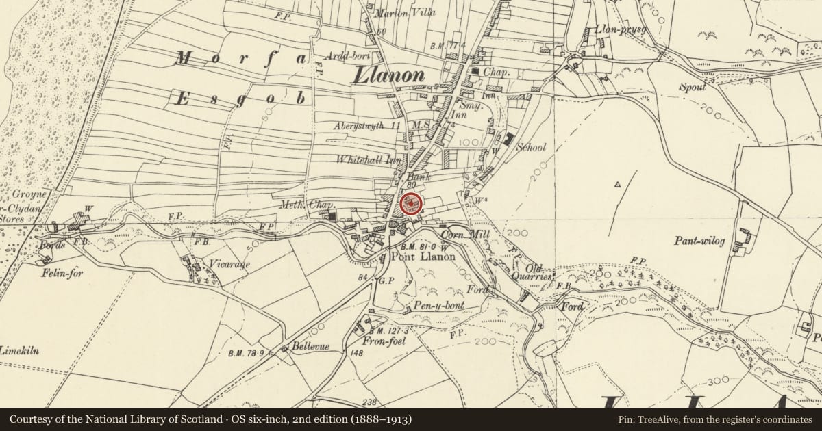 Ordnance Survey six-inch map, 2nd edition (1888–1913) covering the location of Llanon Cottage, Llansantffraed, Ceredigion, with a pin at the register's coordinates