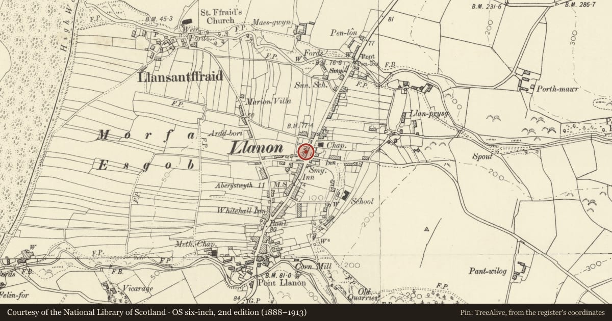 Ordnance Survey six-inch map, 2nd edition (1888–1913) covering the location of Llainlwyd, Llansantffraed, Ceredigion, with a pin at the register's coordinates