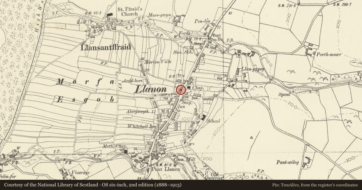 Ordnance Survey six-inch map, 2nd edition (1888–1913) covering the location of Cartref, Llansantffraed, Ceredigion, with a pin at the register's coordinates