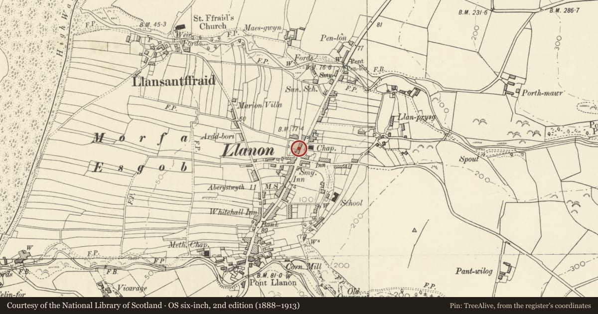 Ordnance Survey six-inch map, 2nd edition (1888–1913) covering the location of Noddfa, Llansantffraed, Ceredigion, with a pin at the register's coordinates
